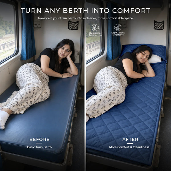 Travel Comfort Mat - Soft, Cushioned & Hygienic Personal Layer for Train, Bus & Travel with Hidden Pocket