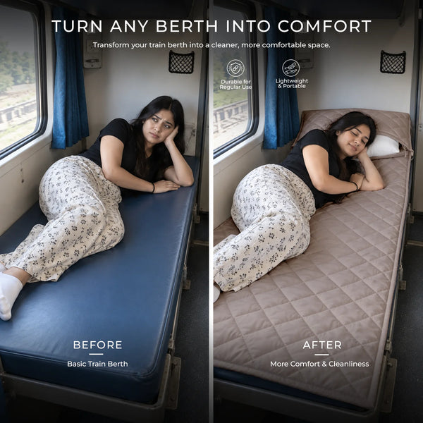 Travel Comfort Mat - Soft, Cushioned & Hygienic Personal Layer for Train, Bus & Travel with Hidden Pocket