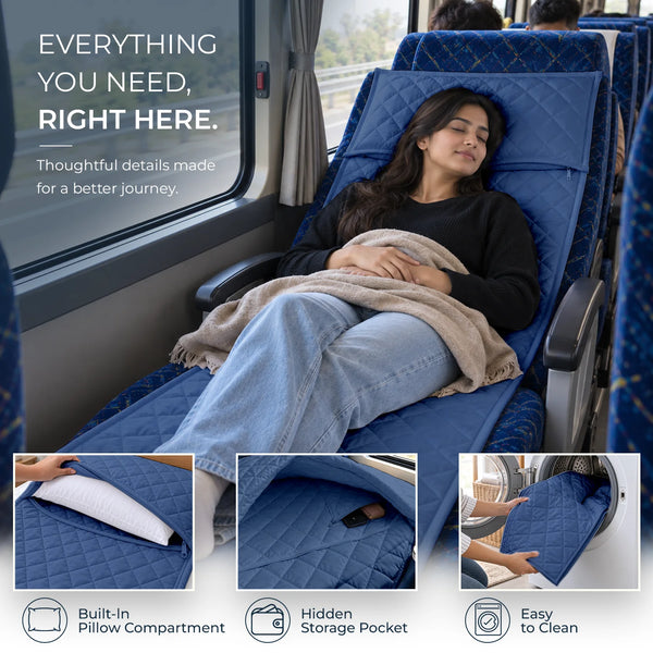 Travel Comfort Mat - Soft, Cushioned & Hygienic Personal Layer for Train, Bus & Travel with Hidden Pocket