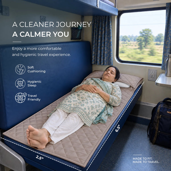 Travel Comfort Mat - Soft, Cushioned & Hygienic Personal Layer for Train, Bus & Travel with Hidden Pocket