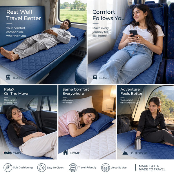 Travel Comfort Mat - Soft, Cushioned & Hygienic Personal Layer for Train, Bus & Travel with Hidden Pocket