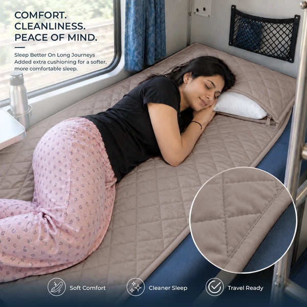 Travel Comfort Mat - Soft, Cushioned & Hygienic Personal Layer for Train, Bus & Travel with Hidden Pocket